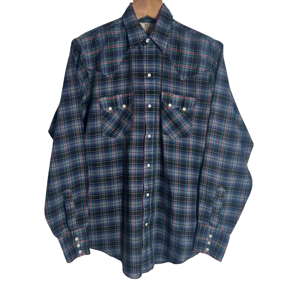 Vintage Dee Cee Brand Western Plaid Pearl Snap Shirt Blue Green Made USA Mens M